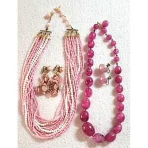 Vtg Pink Necklace Clip Screwback Earrings Lot Bead Multi Strand Japan Hong Kong